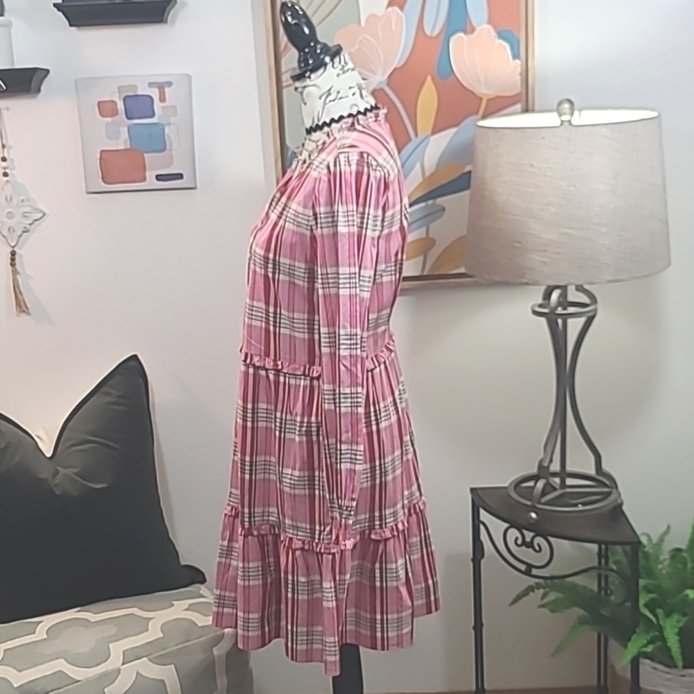 J Crew NWT Plaid Mini Dress Ruffle Trim Sweet Briar Marine Salt Pink - Picture 3 of 10